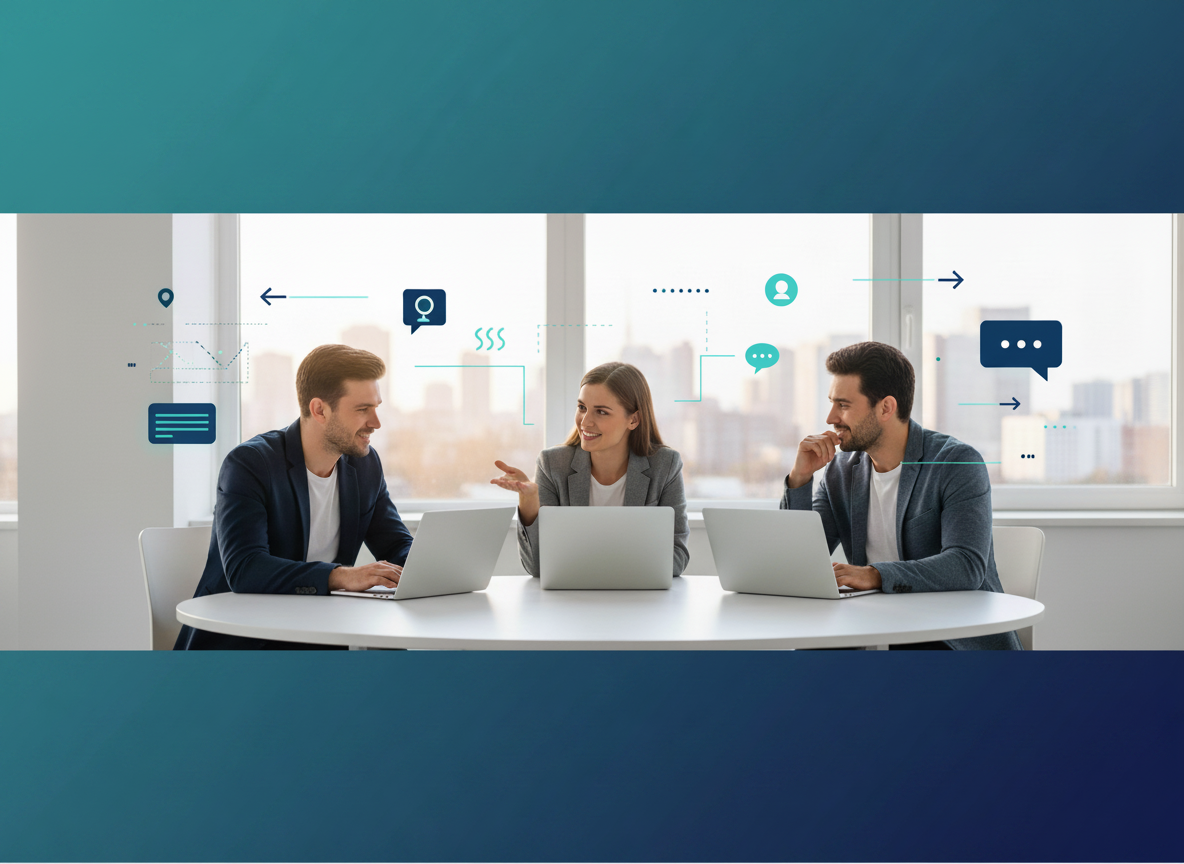 Three team members reviewing work together around laptops in an office