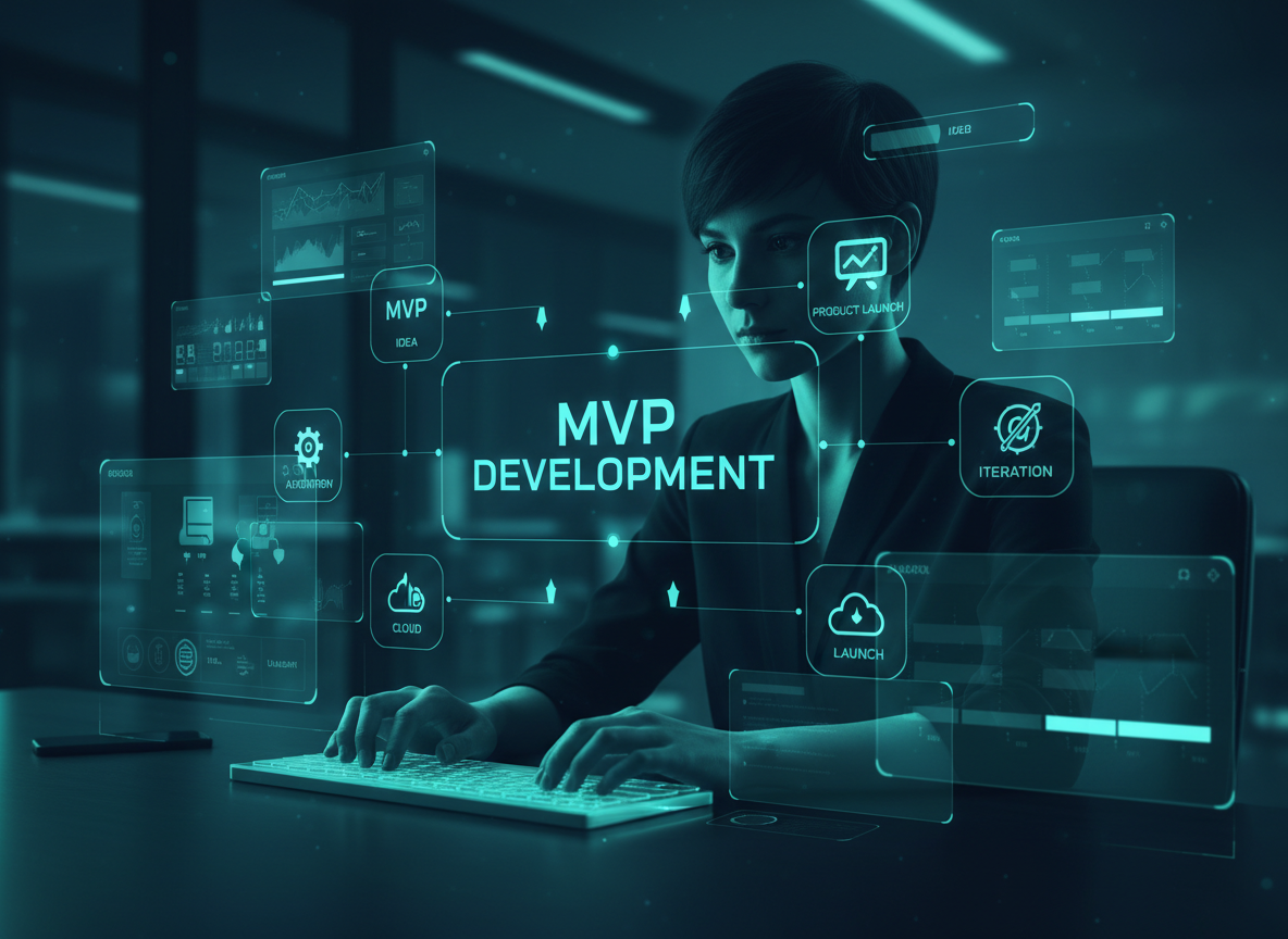 An engineer working through MVP development, product launch, and iteration stages across layered screens